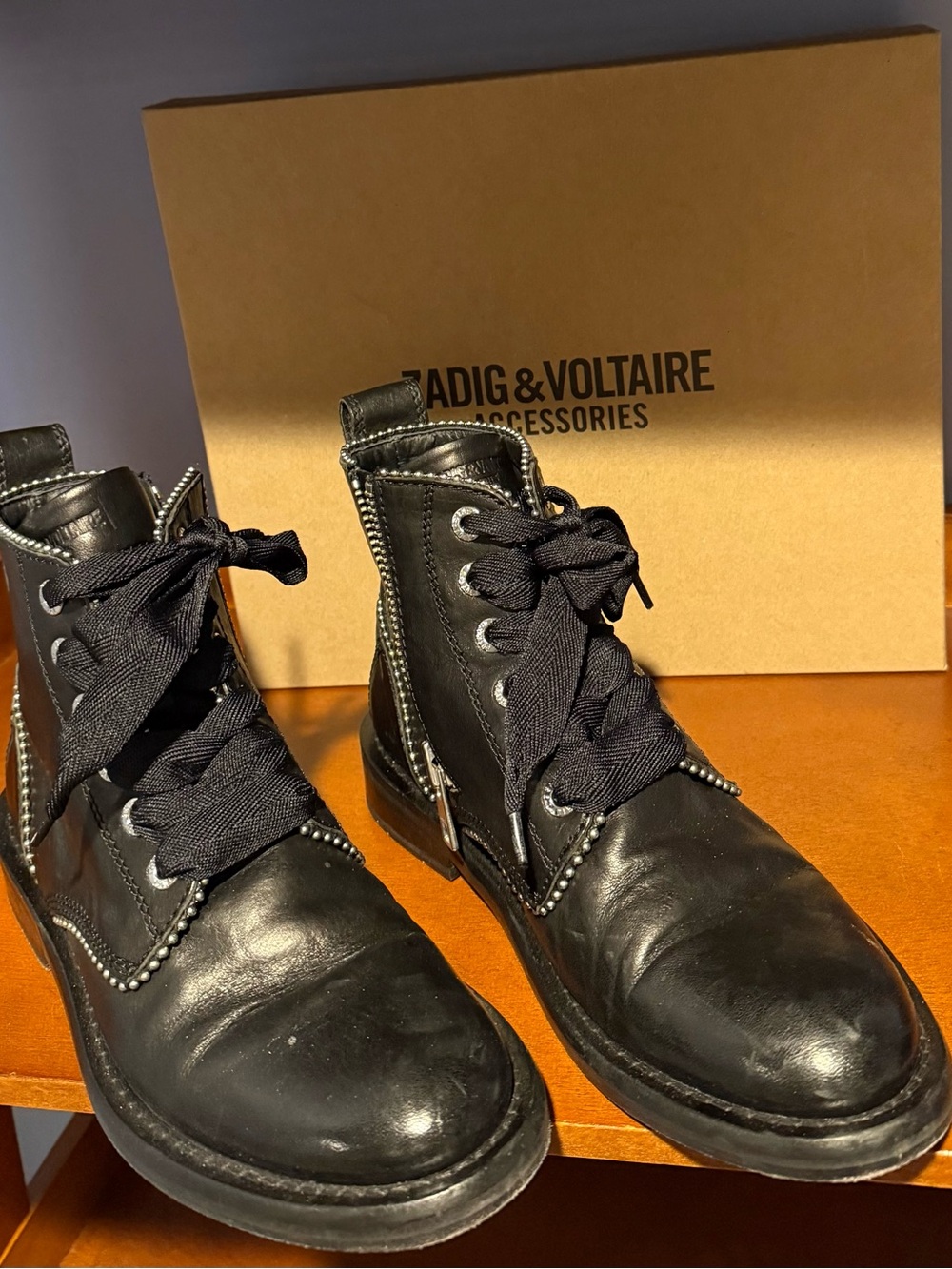 Zadig & Voltaire Black Leather Combat Booties with Stud Trim